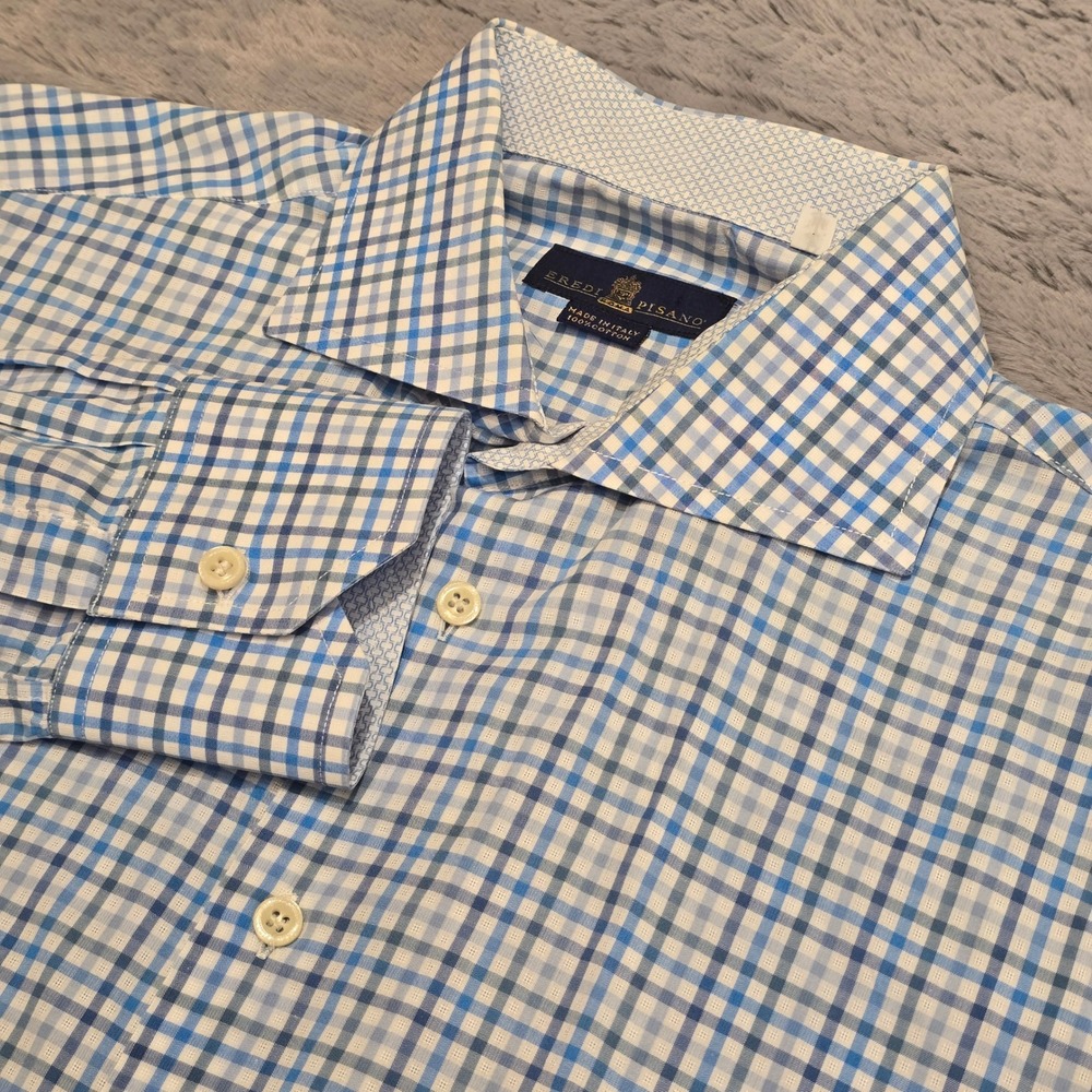 Eredi Pisano Roma Mens Blue Gingham Check Cotton Dress Shirt Italy‎ Size 17.5 44